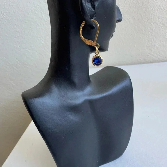 Vintage Gold Tone Drop Earrings with Blue Crystal - Picture 2 of 7